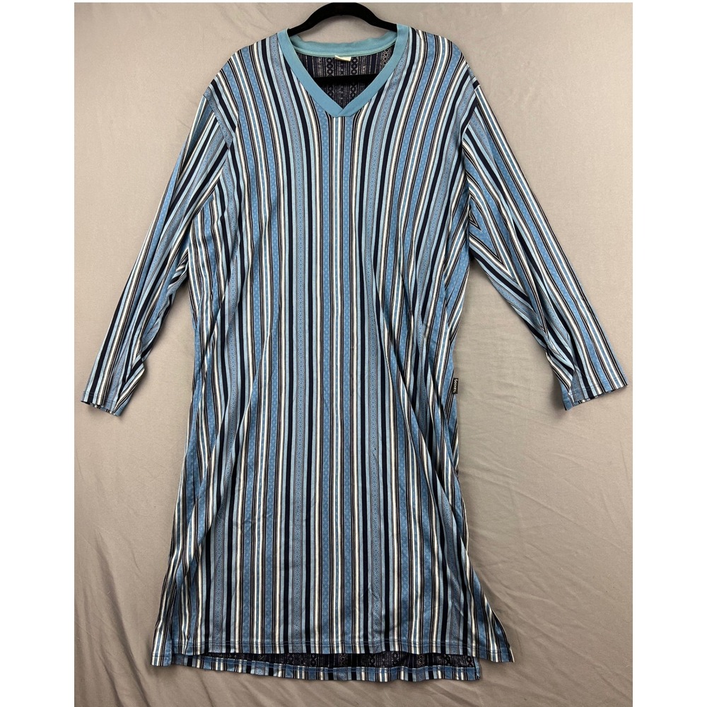 Vintage Jockey Nightshirt Men L Sleepwear Blue Striped Cotton V-Neck Long Sleeve